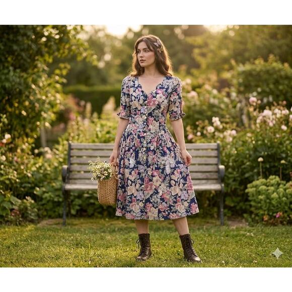 Vintage Dresses & Skirts - NY & Co. Vintage CottageCore Floral dress Size XS Fit Flare Rolled cuff sleeve